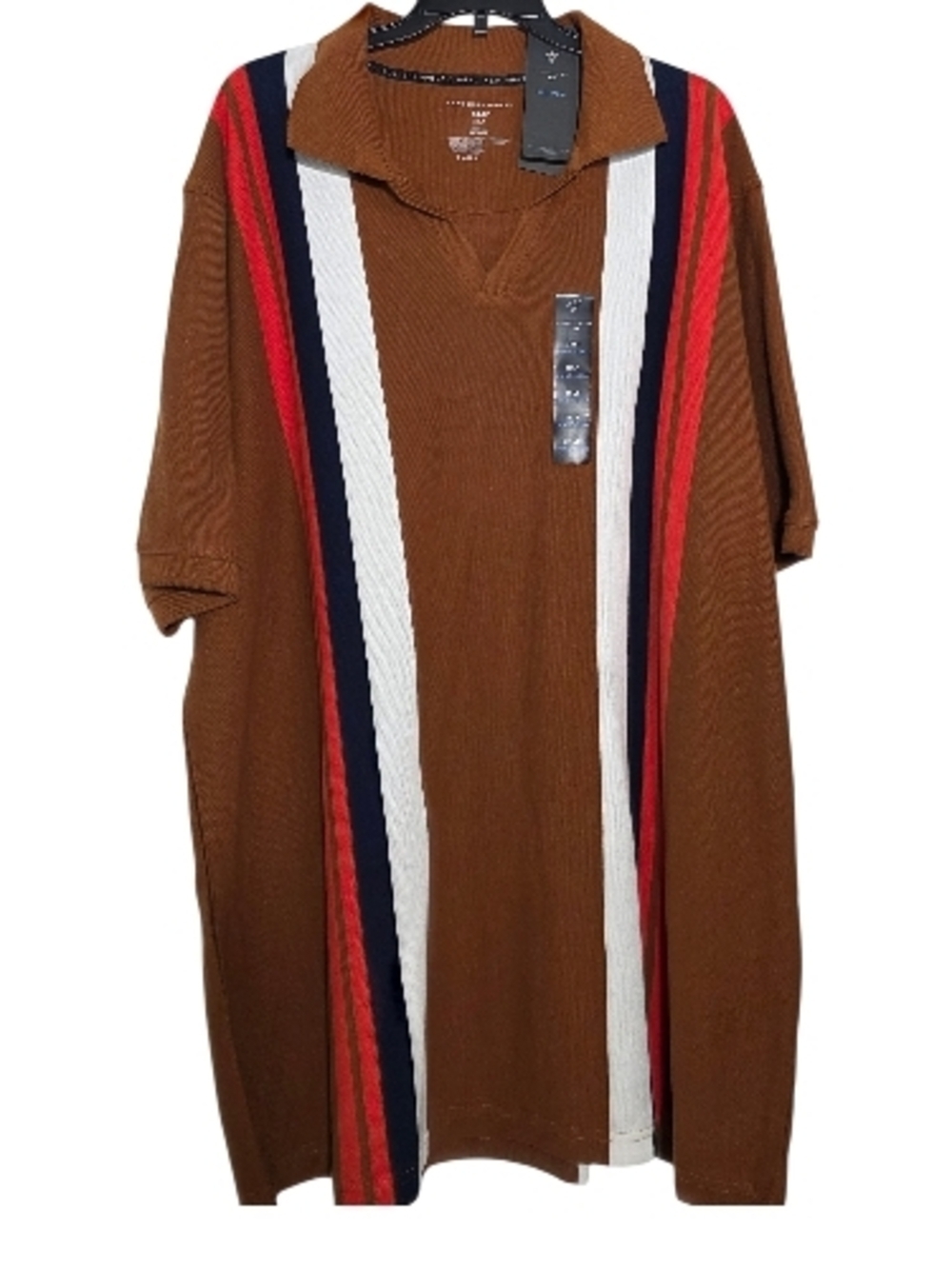 Brown Polo Knit Dress with Navy, Red & White Stripe Panels
